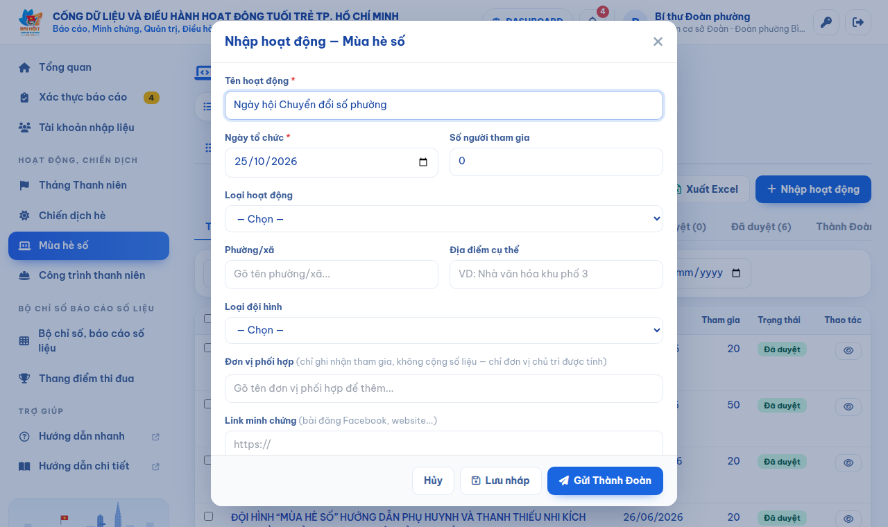 Form nhập hoạt động