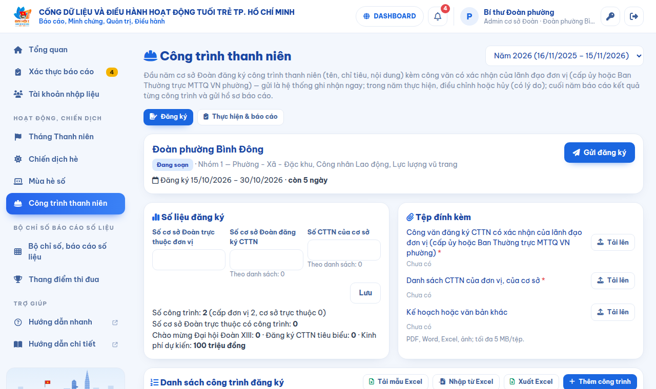 Trang Công trình thanh niên — đăng ký