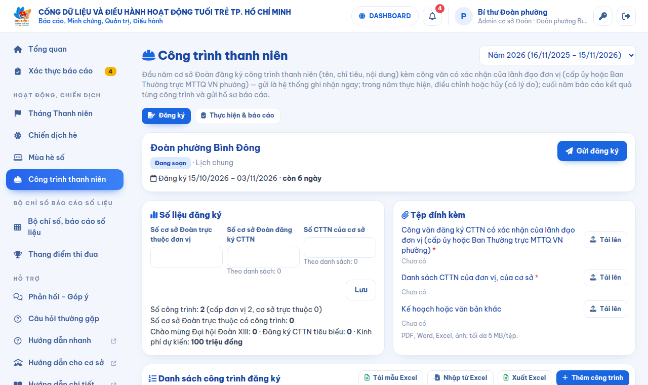 Trang Công trình thanh niên — đăng ký