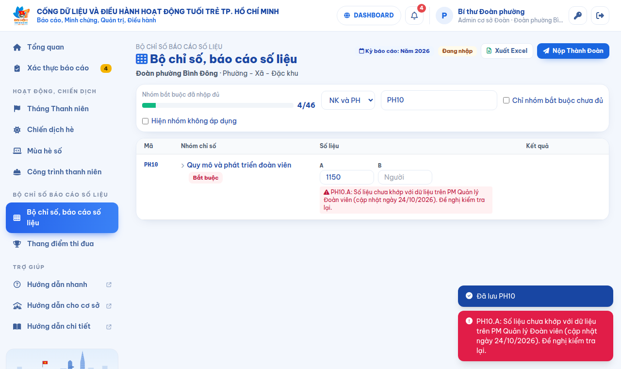 Cảnh báo PH10.A chưa khớp với PM Quản lý Đoàn viên